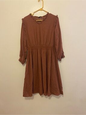 Long Sleeve Smocked Waist Dress in Rust Brown